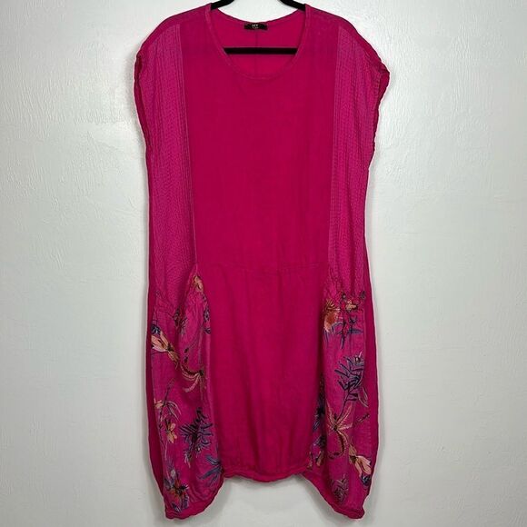 NT By Amati Linen Mixed Media Short Sleeve Midi Dress In Pink Size L - Picture 1 of 7